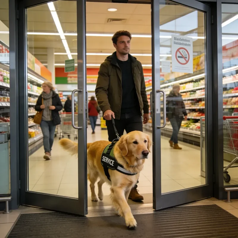 Person mit Assistenzhund betritt Supermarkt – gesetzliches Zutrittsrecht nach BGG § 12e