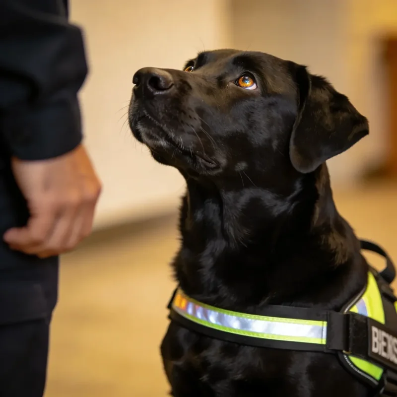 Schwarzer Labrador Epilepsiewarnhund schaut aufmerksam zu seinem Halter – bereit zur Anfallserkennung