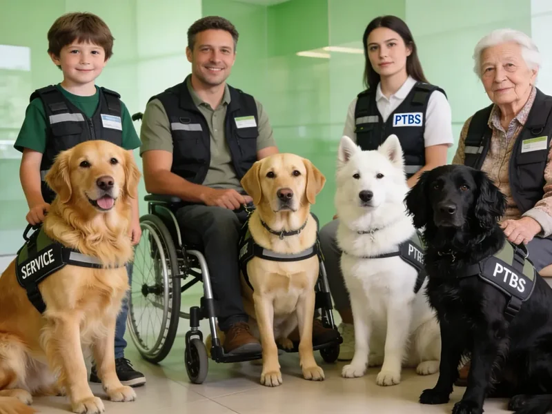 Verschiedene Assistenzhunde mit ihren Haltern – Golden Retriever, Labrador, Berger Blanc und Flat Coated Retriever