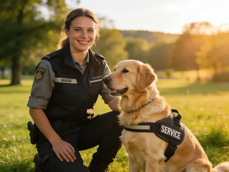 Zertifizierte Assistenzhundetrainerin mit Golden Retriever im Park