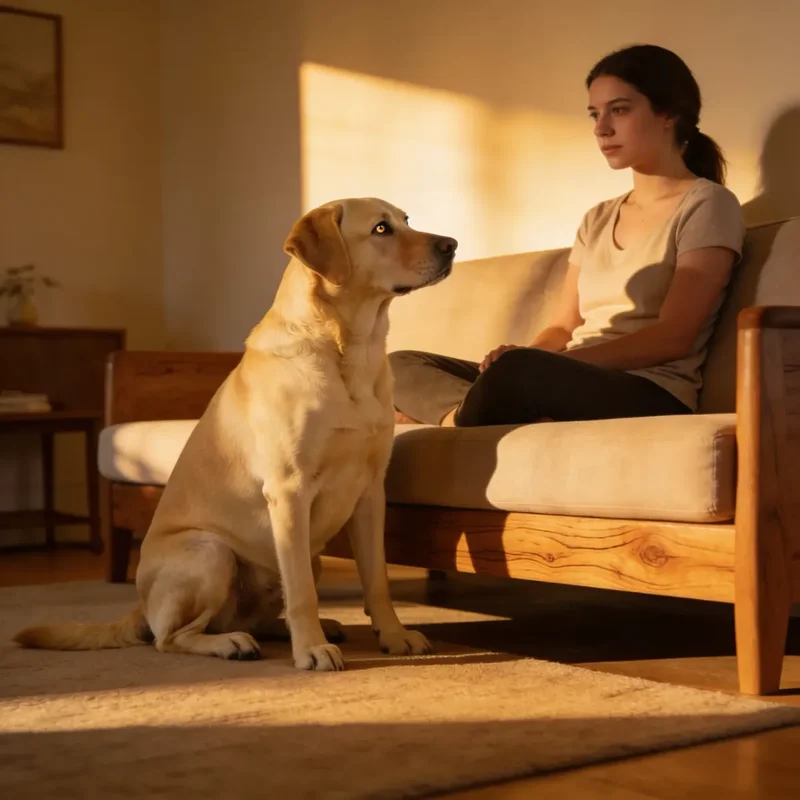 Epilepsiewarnhund – Epilepsiewarnhund sitzt aufmerksam neben Frau am Küchentisch
